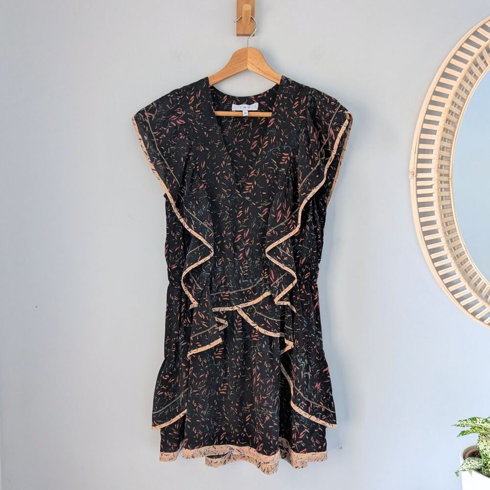 IRO Paris Jicka Ruffled Printed 100 % Silk Crepe Mini Dress, Black, size 36/4